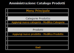 Consolle di amministrazione del catalogo prodotti
